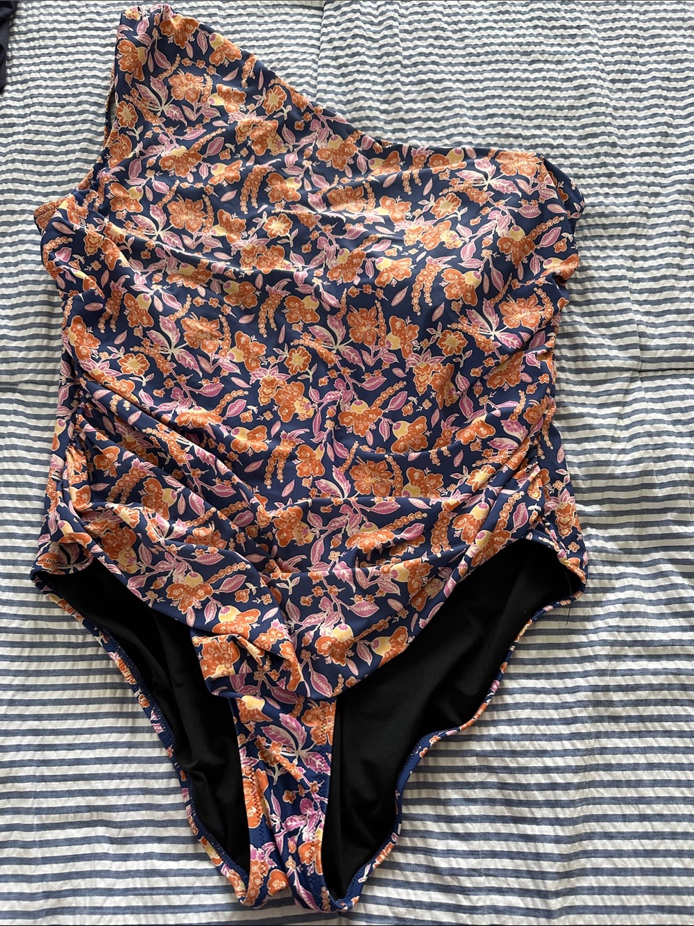 J. Crew One-Shoulder Swimsuit with Pink and Orange Floral Accents on Navy